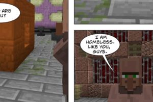 Ausschnitt aus dem Comic Obdachlos. Minecraft-Kulissen. Sprechblase 1: Who are you. Sprechblase 2: I am homeless like you Guys.