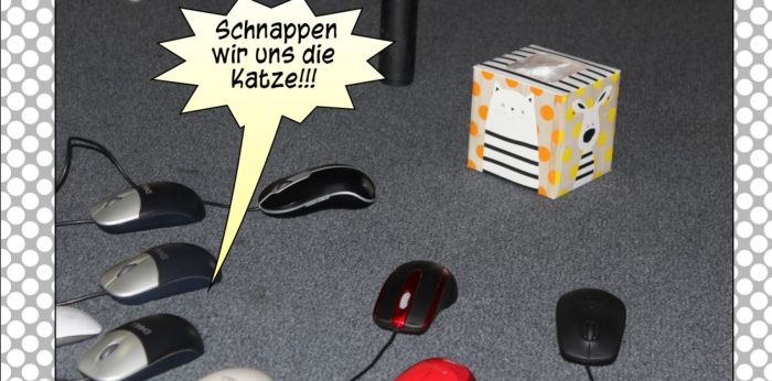 Ausschnitt aus dem Comic: (Computer-) Mäuse machen Jagd auf die (Papierbox-) Katze